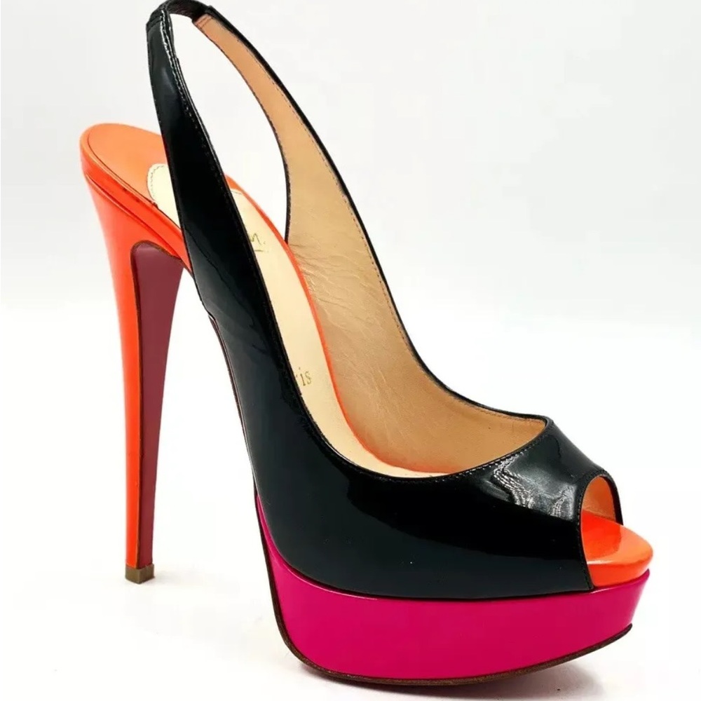 CHRISTIAN LOUBOUTIN Lady Peep Slingback Patent TriColor Pumps Heels US 6 / EU 36
